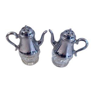 Vintage Crystal Pewter Teapot Salt & Pepper Shakers 3" Tall Serving Set 1970's